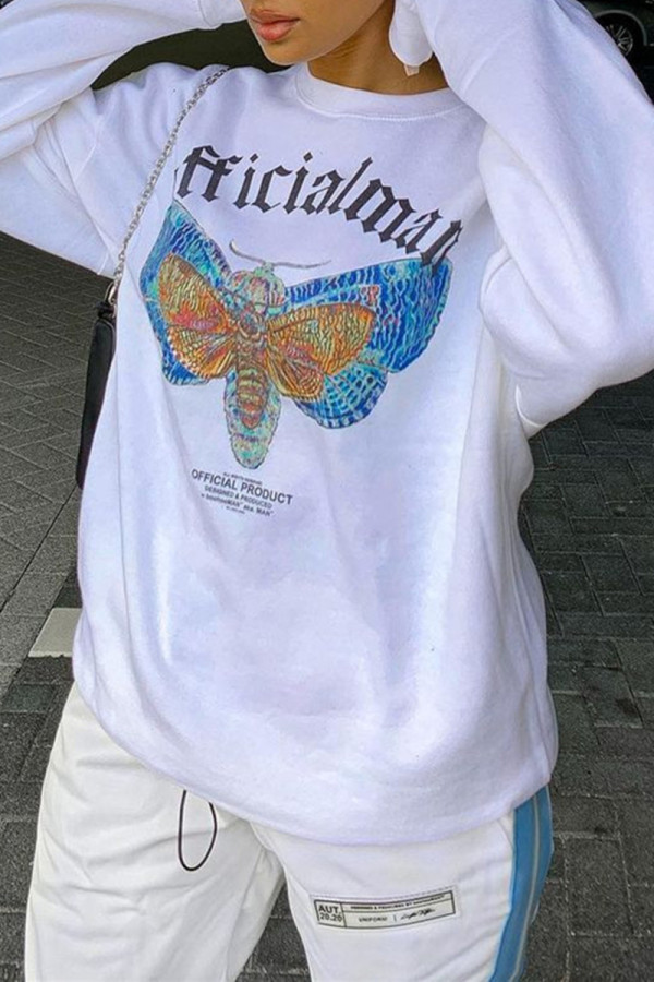 White Fashion Casual Letter Butterfly Print Basic O Neck Tops