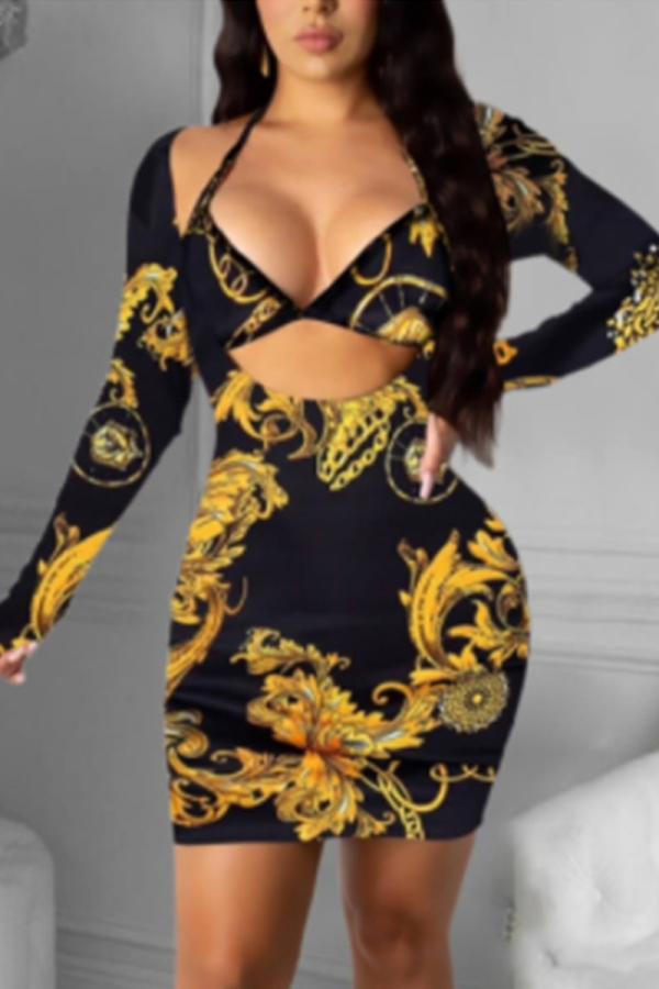 Black Sexy Print Split Joint V Neck Pencil Skirt Dresses