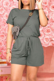Light Coffee Fashion Casual Solid Basic O Neck Regular Short Sleeve Romper