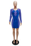Color Blue Work Daily Solid Hollowed Out Patchwork See-through Pencil Skirt Dresses