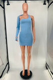 Light Blue Fashion Sexy Solid Hollowed Out Backless Oblique Collar Long Sleeve Dresses