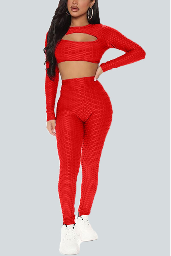 Red Sexy Solid Hollowed Out O Neck Long Sleeve Two Pieces