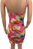 Rose Red Fashion Sexy Print Backless O Neck Sling Dress