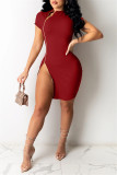 Red Sexy Casual Solid Slit Zipper Half A Turtleneck Short Sleeve Dress