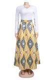 Brown Polyester Elastic Fly Sleeveless High Print Geometric Floral A-line skirt Pants