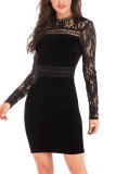Black Fashion Long Sleeves O neck Slim Dress Mini Patchwork Long Sleeve Dresses