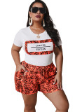 Red Polyester Fashion Casual adult Ma'am O Neck Patchwork Print Two Piece Suits Stitching Plus Size