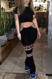 Black Fashion Sexy Print Hollowed Out O Neck Short Sleeve Two Pieces