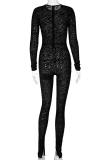 Black Sexy Patchwork Slit O Neck Skinny Jumpsuits