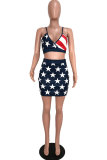 Navy Blue Polyester Fashion Sexy Patchwork Print Hip skirt Two-Piece Dress