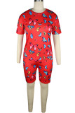 Red knit Fashion Sexy adult Ma'am Patchwork Print Two Piece Suits Straight Short Sleeve Two Pieces