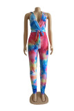 Multicolor Fashion Sexy Print Tie Dye Backless Hooded Collar Regular Jumpsuits