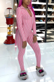 Pink Sexy Striped Split Joint Turndown Collar Skinny Jumpsuits