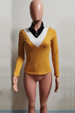 Yellow Polyester Turtleneck Long Sleeve Patchwork Striped Sweaters & Cardigans