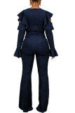 Blue Fashion Sexy Adult Nylon Solid Split Joint O Neck Skinny Jumpsuits
