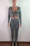 Grey Street Polyester Solid Hollowed Out See-through U Neck Long Sleeve Short Two Pieces