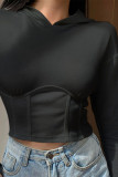 Black Sportswear Cotton Solid Split Joint Hooded Collar Mid Waist Tops