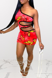 Pink Sexy Print Hollowed Out One Shoulder Pencil Skirt Dresses