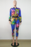 Colour Casual Patchwork Tie-dye Zipper Collar Long Sleeve Two Pieces