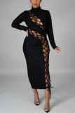 Black Sexy Solid Bandage Hollowed Out O Neck Dresses