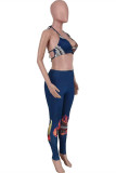 Deep Blue Fashion Sexy Print Backless Strap Design Sleeveless Two Pieces