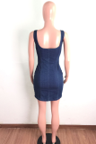 The cowboy blue Sexy Solid Draw String Zipper Spaghetti Strap Pencil Skirt Dresses