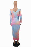 Pink Fashion Sexy Print Basic V Neck Long Sleeve Dress