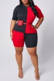 Black and red Polyester Fashion Casual adult Ma'am O Neck Patchwork Solid contrast color Two Piece Suits Stitching Plus Size