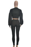 Black Street Solid Hollowed Out Patchwork O Neck Long Sleeve Hubble-Bubble Sleeve Short Two Pieces