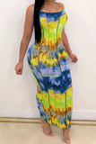 Green Fashion Sexy adult Ma'am Off The Shoulder Sleeveless Slip Step Skirt Ankle-Length Print Tie and dye Dresses