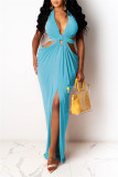 Rose Red Fashion Sexy Solid Hollowed Out Backless Slit Halter Sleeveless Dress