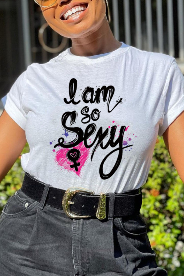 White Fashion Casual Letter Print Basic Tops
