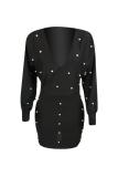 Red Fashion adult Casual Cap Sleeve Long Sleeves V Neck Step Skirt Mini Patchwork Solid Beadin