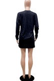 Black Casual Polyester Print O Neck Long Sleeve Mini Pencil Skirt Dresses