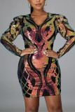 Gold Fashion Sexy Patchwork Sequins V Neck Long Sleeve
