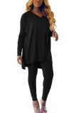 Black Fashion Casual Adult Milk Fiber Solid V Neck Long Sleeve Cap Sleeve Longer In The Rear Two Pieces