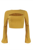 Yellow Fashion Casual Solid Hollowed Out O Neck Tops