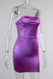 Purple Sexy Print Split Joint Strapless Pencil Skirt Dresses