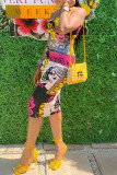 Yellow Fashion Sexy Print Backless Spaghetti Strap Sleeveless Dress