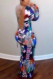 Multicolor Fashion Sexy Print Backless O Neck Long Sleeve Dress Dresses