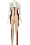 Khaki Fashion Sexy Patchwork Backless Halter Skinny Jumpsuits