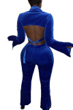 Blue Sexy Polyester Flocking Solid Backless Slit Turndown Collar Long Sleeve Regular Sleeve Short Two Pieces