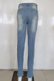 Light Blue Denim Zipper Fly Mid Solid Hole washing pencil Pants Bottoms