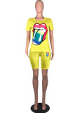 Light Blue Fashion Casual Lips Printed Basic O Neck Short Sleeve Two Pieces