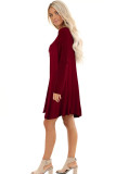 Wine Red Cotton Sexy Cap Sleeve Long Sleeves V Neck Swagger Knee-Length Patchwork Solid
