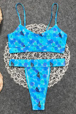 Sky Blue Sexy Butterfly Print Backless Swimwears