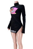 Black Sexy Print Slit Half A Turtleneck Dresses
