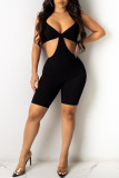 Blue Fashion Sexy Solid Hollowed Out Backless V Neck Skinny Romper