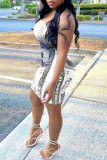 Deep Blue Sexy Print Patchwork Strapless Sheath Dresses