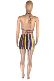 Purple Fashion Sexy Striped Print Backless Halter Sleeveless Two Pieces